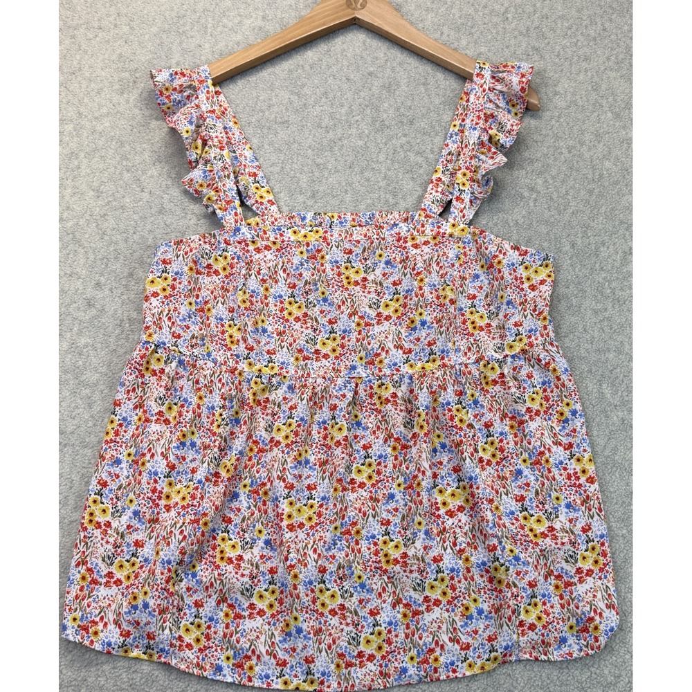 Loft Womens Smocked Blouse Top Multicolor Disty Floral Ruffle Trim Preppy L